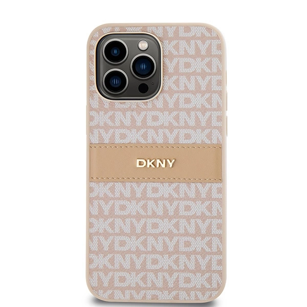 DKNY Leather Mono Stripe & Metal Logo case for iPhone 14 Pro Max - pinkeng