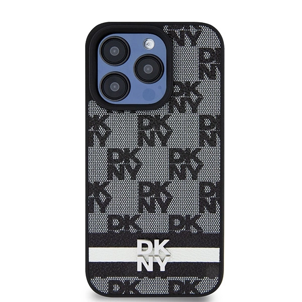 DKNY Leather Checkered Mono Pattern & Printed Stripes iPhone 15 Pro Case - Blackeng