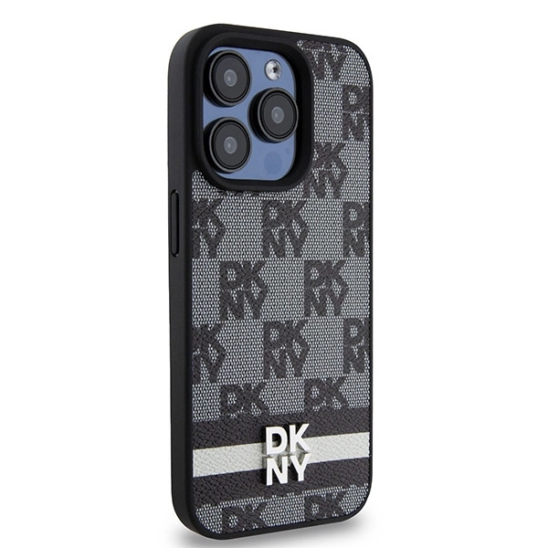 DKNY Leather Checkered Mono Pattern & Printed Stripes iPhone 15 Pro Case - Blackeng