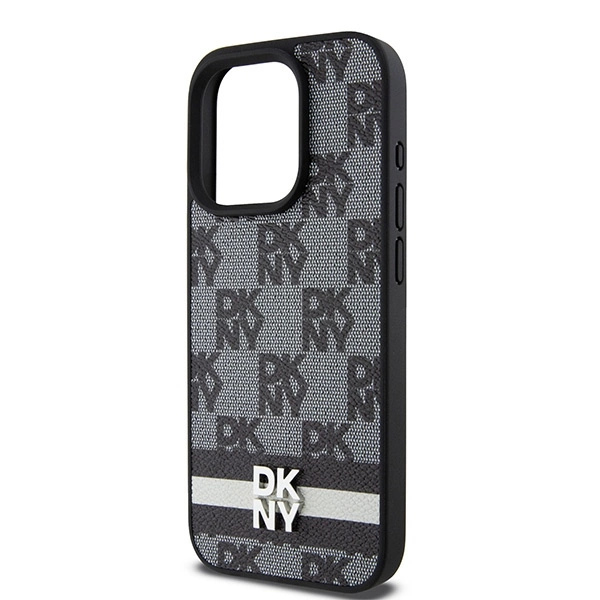 DKNY Leather Checkered Mono Pattern & Printed Stripes iPhone 15 Pro Case - Blackeng