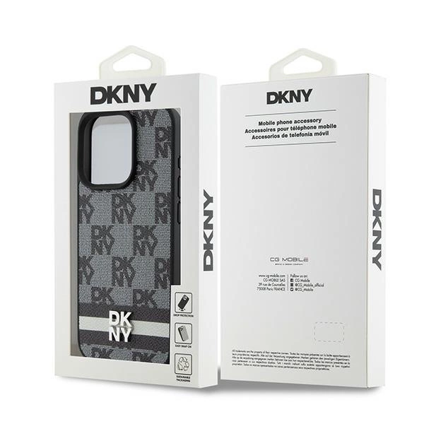 DKNY Leather Checkered Mono Pattern & Printed Stripes iPhone 15 Pro Case - Blackeng