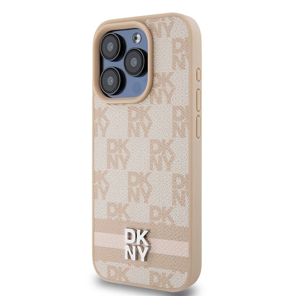 DKNY Leather Checkered Mono Pattern & Printed Stripes case for iPhone 15 Pro - pinkeng
