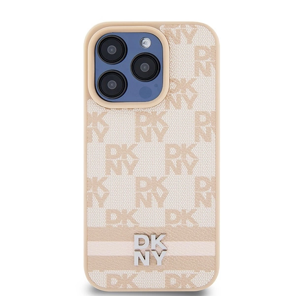 DKNY Leather Checkered Mono Pattern & Printed Stripes case for iPhone 15 Pro - pinkeng