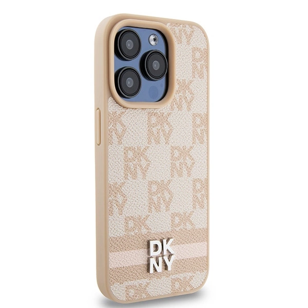 DKNY Leather Checkered Mono Pattern & Printed Stripes case for iPhone 15 Pro - pinkeng