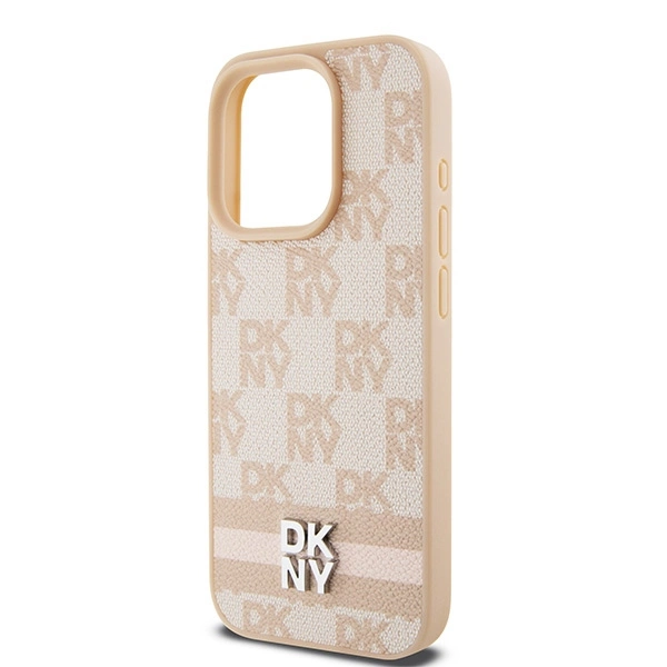 DKNY Leather Checkered Mono Pattern & Printed Stripes case for iPhone 15 Pro - pinkeng