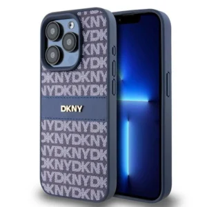 DKNY Leather Mono Stripe & Metal Logo case for iPhone 15 Pro - blueeng