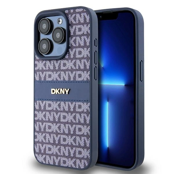 DKNY Leather Mono Stripe & Metal Logo case for iPhone 15 Pro - blueeng