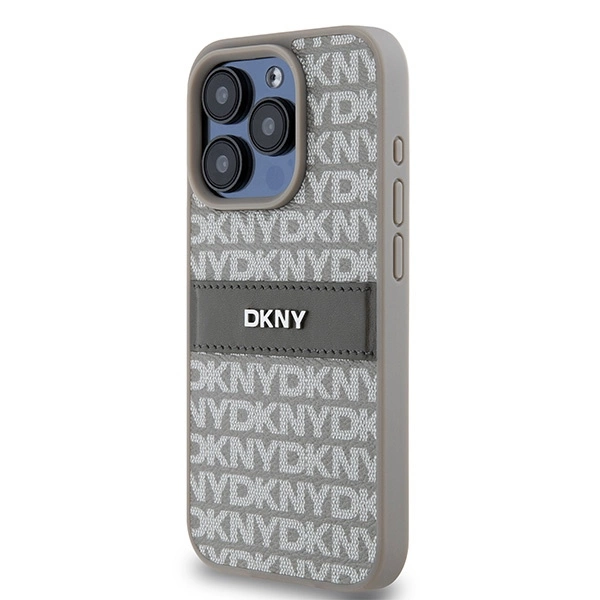 DKNY Leather Mono Stripe & Metal Logo case for iPhone 15 Pro - beigeeng