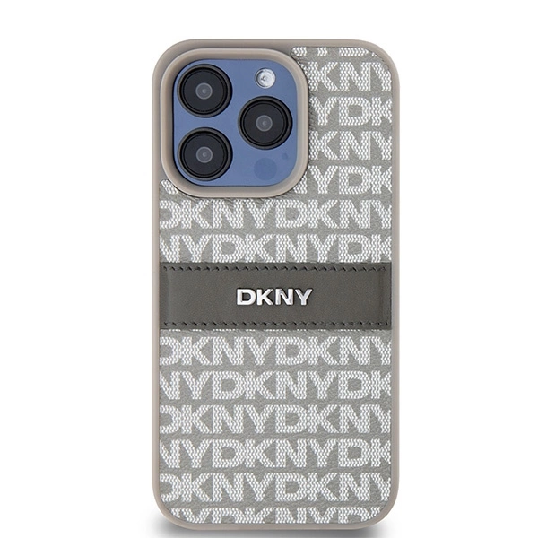 DKNY Leather Mono Stripe & Metal Logo case for iPhone 15 Pro - beigeeng
