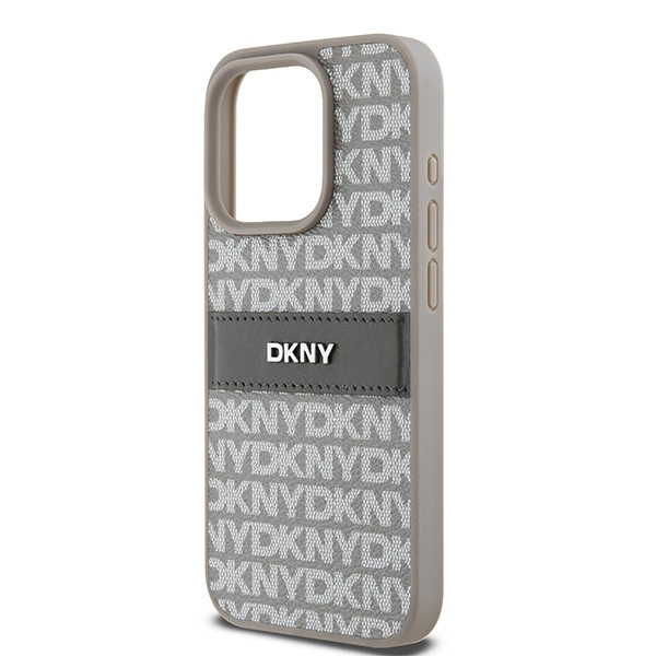 DKNY Leather Mono Stripe & Metal Logo case for iPhone 15 Pro - beigeeng