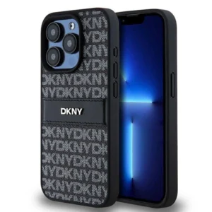 DKNY Leather Mono Stripe & Metal Logo case for iPhone 15 Pro - blackeng