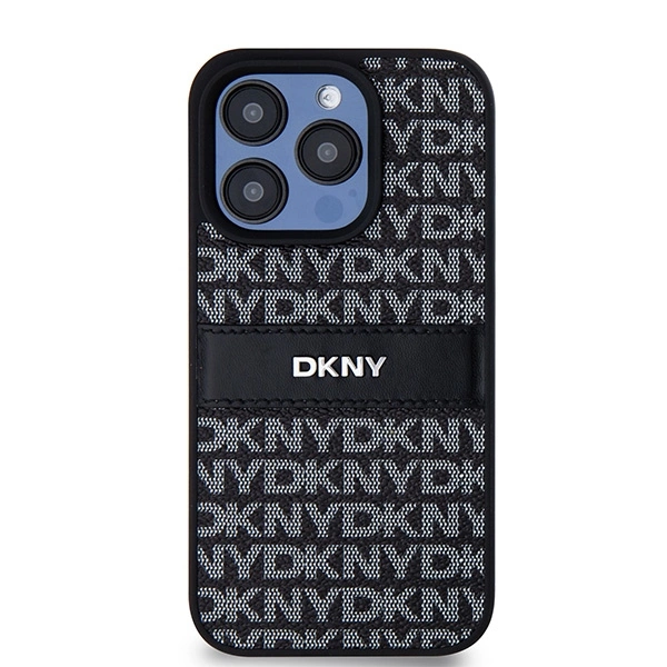 DKNY Leather Mono Stripe & Metal Logo case for iPhone 15 Pro - blackeng