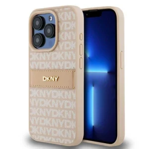 DKNY Leather Mono Stripe & Metal Logo case for iPhone 15 Pro - pinkeng