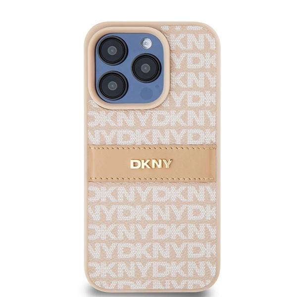 DKNY Leather Mono Stripe & Metal Logo case for iPhone 15 Pro - pinkeng