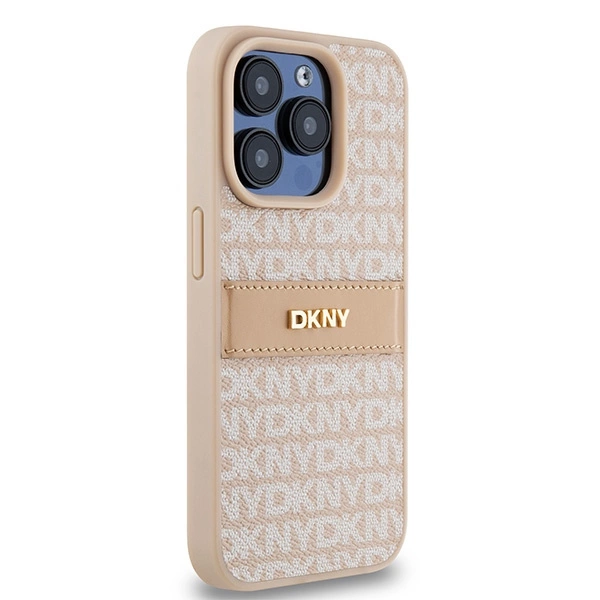 DKNY Leather Mono Stripe & Metal Logo case for iPhone 15 Pro - pinkeng