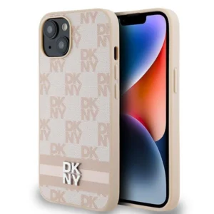 DKNY Leather Checkered Mono Pattern & Printed Stripes Case for iPhone 15 Plus / 14 Plus - Pinkeng