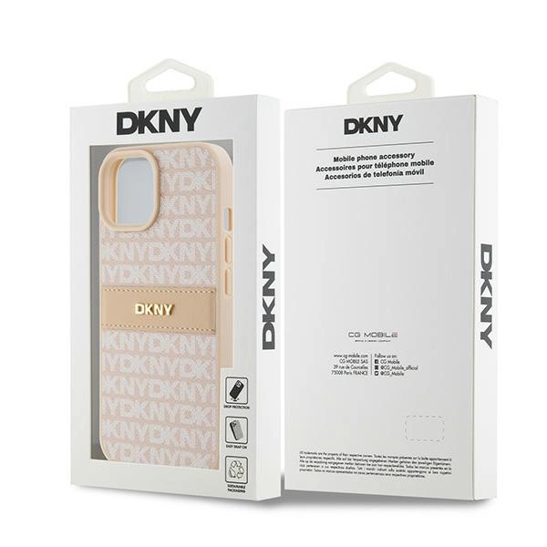 DKNY Leather Mono Stripe & Metal Logo Case for iPhone 15 Plus / 14 Plus - Pinkeng