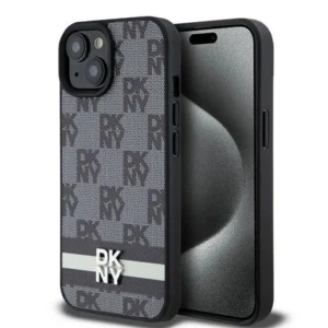 DKNY Leather Checkered Mono Pattern & Printed Stripes Case for iPhone 15/14/13 - Blackeng
