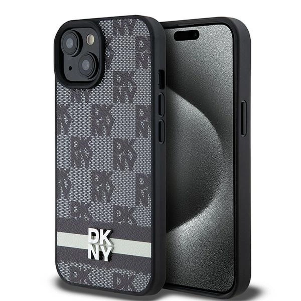 DKNY Leather Checkered Mono Pattern & Printed Stripes Case for iPhone 15/14/13 - Blackeng