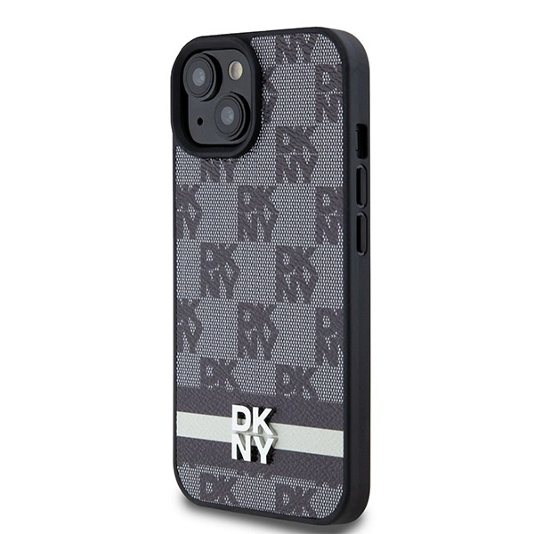 DKNY Leather Checkered Mono Pattern & Printed Stripes Case for iPhone 15/14/13 - Blackeng