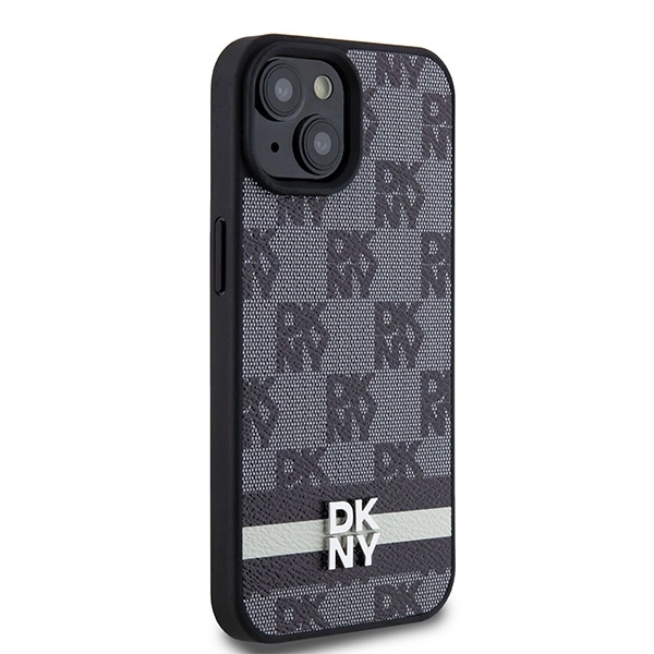 DKNY Leather Checkered Mono Pattern & Printed Stripes Case for iPhone 15/14/13 - Blackeng