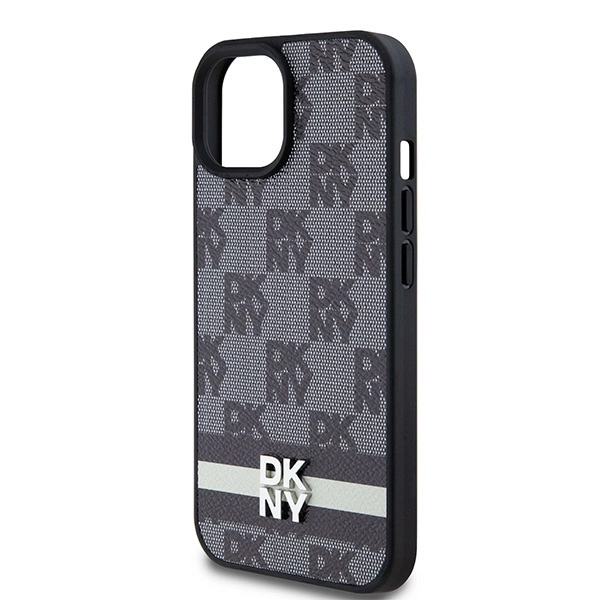 DKNY Leather Checkered Mono Pattern & Printed Stripes Case for iPhone 15/14/13 - Blackeng
