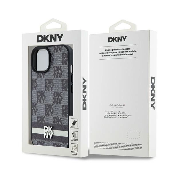 DKNY Leather Checkered Mono Pattern & Printed Stripes Case for iPhone 15/14/13 - Blackeng