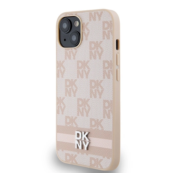 DKNY Leather Checkered Mono Pattern & Printed Stripes case for iPhone 15 / 14 / 13 - pinkeng