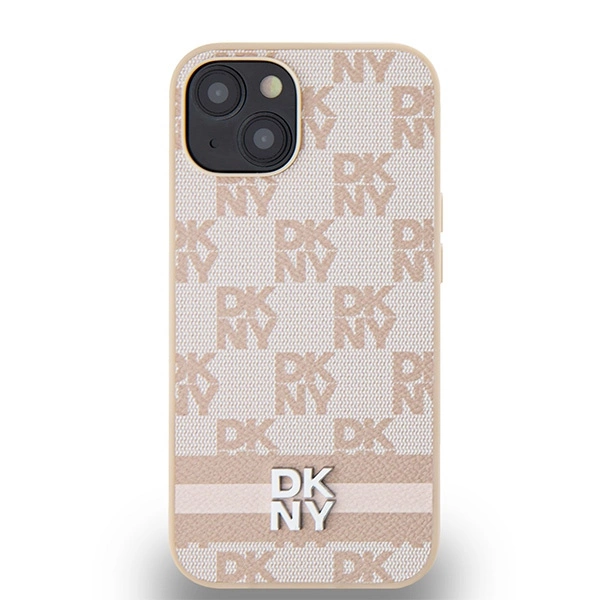 DKNY Leather Checkered Mono Pattern & Printed Stripes case for iPhone 15 / 14 / 13 - pinkeng