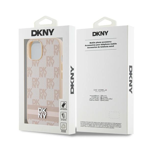 DKNY Leather Checkered Mono Pattern & Printed Stripes case for iPhone 15 / 14 / 13 - pinkeng