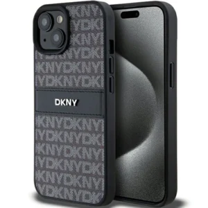 DKNY Leather Mono Stripe & Metal Logo Case for iPhone 15/14/13 - Blackeng