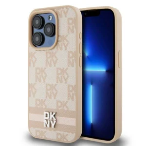 DKNY Leather Checkered Mono Pattern & Printed Stripes case for iPhone 15 Pro Max - pinkeng