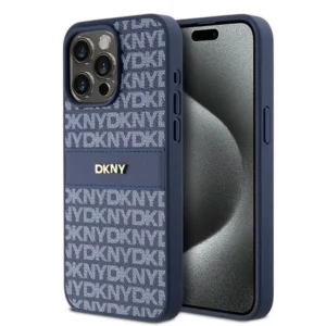 DKNY Leather Mono Stripe & Metal Logo case for iPhone 15 Pro Max - blueeng