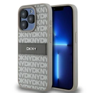 DKNY Leather Mono Stripe & Metal Logo case for iPhone 15 Pro Max - beigeeng