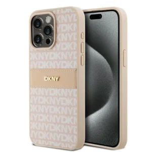DKNY Leather Mono Stripe & Metal Logo case for iPhone 15 Pro Max - pinkeng