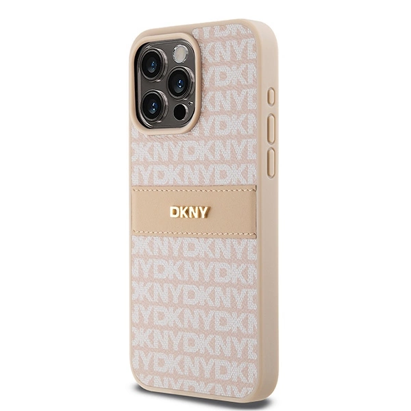 DKNY Leather Mono Stripe & Metal Logo case for iPhone 15 Pro Max - pinkeng