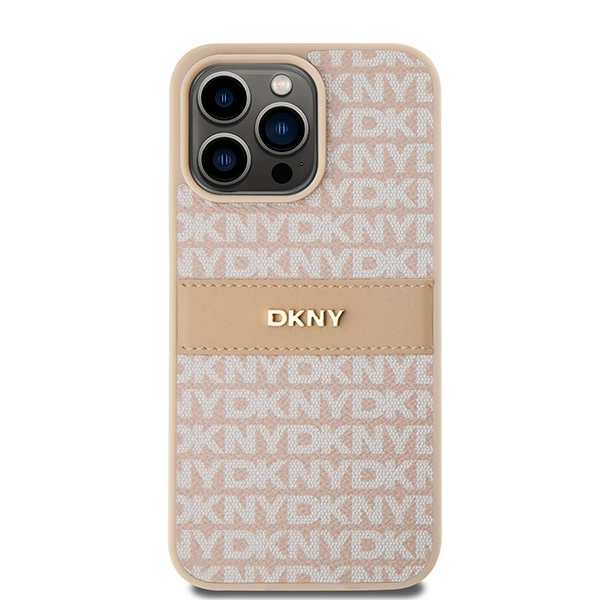 DKNY Leather Mono Stripe & Metal Logo case for iPhone 15 Pro Max - pinkeng