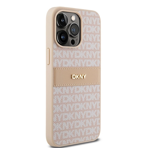 DKNY Leather Mono Stripe & Metal Logo case for iPhone 15 Pro Max - pinkeng