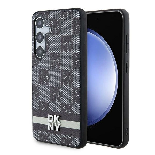 DKNY Leather Checkered Mono Pattern & Printed Stripes Case for Samsung Galaxy S24 - Blackeng