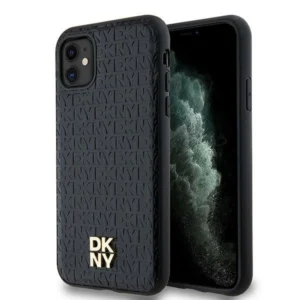 DKNY Leather Monogram Pattern Metal Logo MagSafe Case for iPhone 11 / Xr - Blackeng
