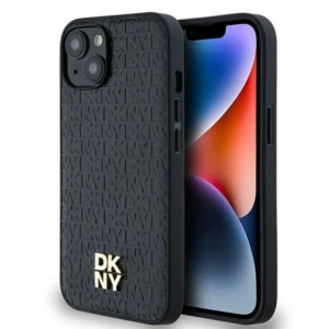 DKNY Leather Monogram Pattern Metal Logo MagSafe Case for iPhone 15/14/13 - Blackeng
