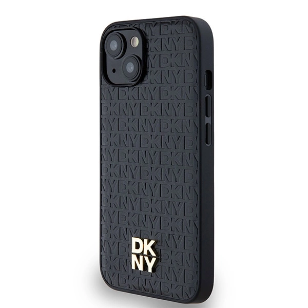 DKNY Leather Monogram Pattern Metal Logo MagSafe Case for iPhone 15/14/13 - Blackeng