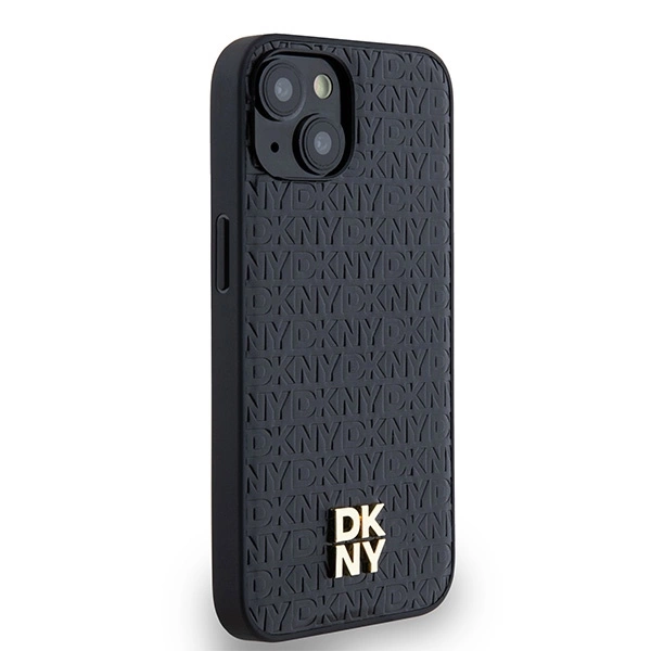 DKNY Leather Monogram Pattern Metal Logo MagSafe Case for iPhone 15/14/13 - Blackeng