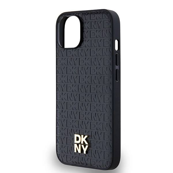DKNY Leather Monogram Pattern Metal Logo MagSafe Case for iPhone 15/14/13 - Blackeng