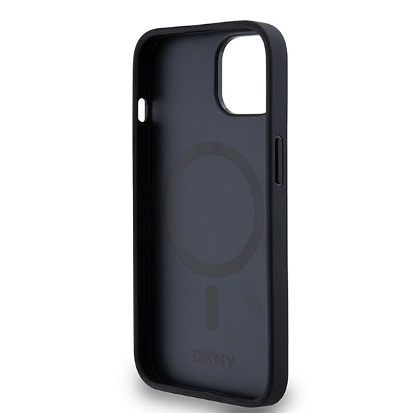 DKNY Leather Monogram Pattern Metal Logo MagSafe Case for iPhone 15/14/13 - Blackeng