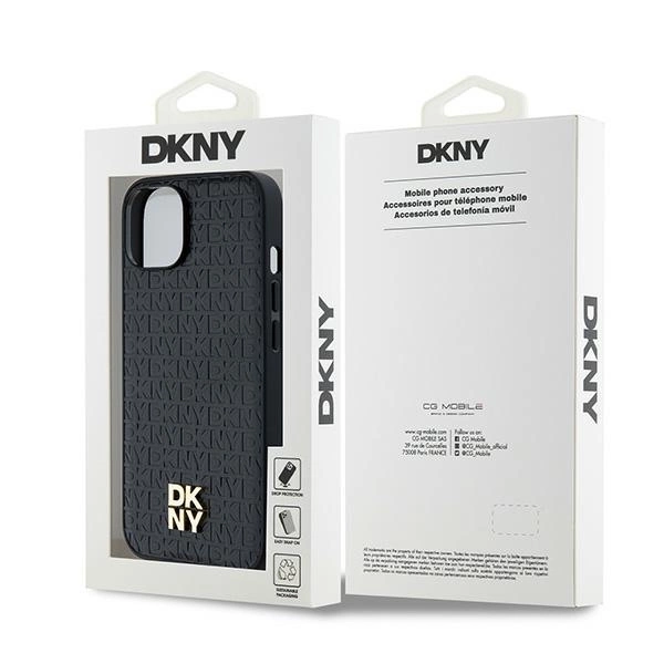 DKNY Leather Monogram Pattern Metal Logo MagSafe Case for iPhone 15/14/13 - Blackeng