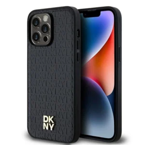 DKNY Leather Monogram Pattern Metal Logo MagSafe Case for iPhone 14 Pro Max - Blackeng
