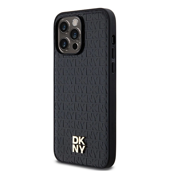 DKNY Leather Monogram Pattern Metal Logo MagSafe Case for iPhone 14 Pro Max - Blackeng