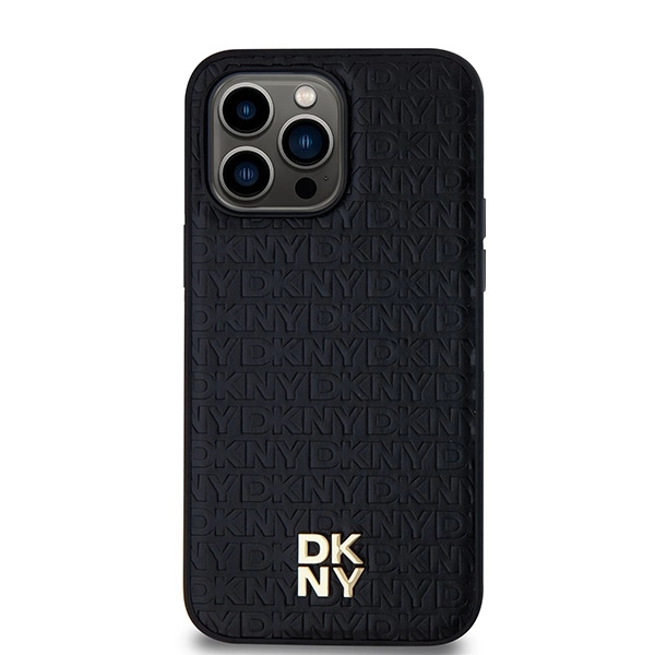 DKNY Leather Monogram Pattern Metal Logo MagSafe Case for iPhone 14 Pro Max - Blackeng