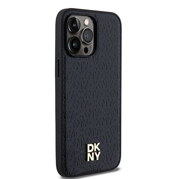 DKNY Leather Monogram Pattern Metal Logo MagSafe Case for iPhone 14 Pro Max - Blackeng
